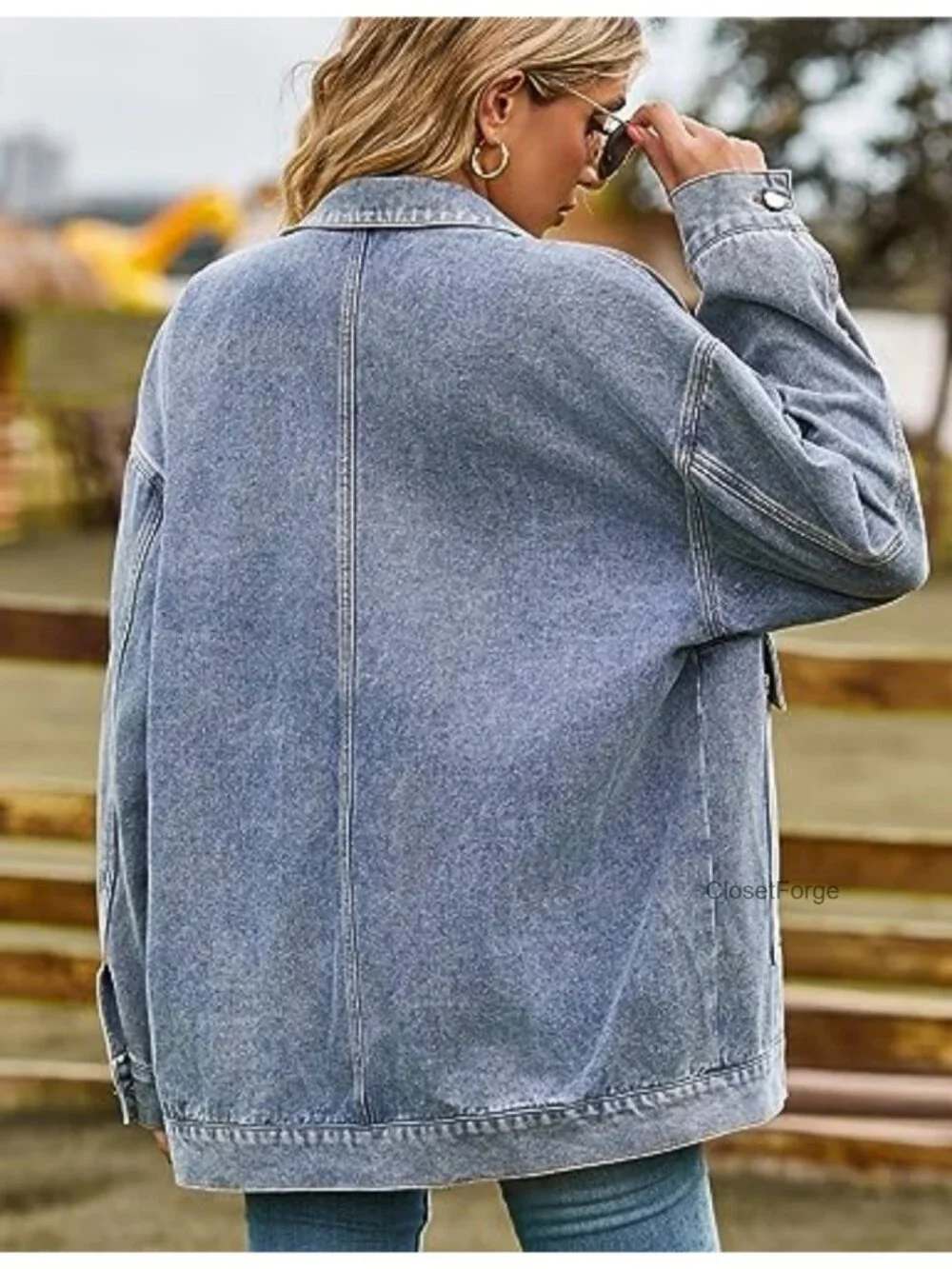 Vintage Distressed Oversized Denim Jacket Shacket Button Down Flap Pockets